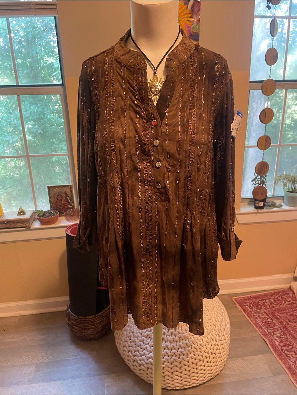 new directions whimsy boho Brown Embellished Women's Tunic